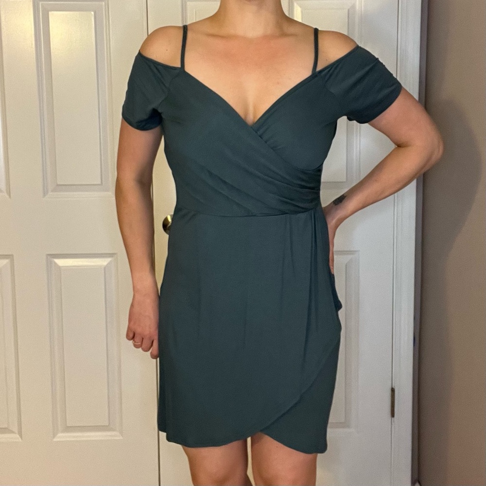 Dark green, Off the shoulder, faux wrap dress